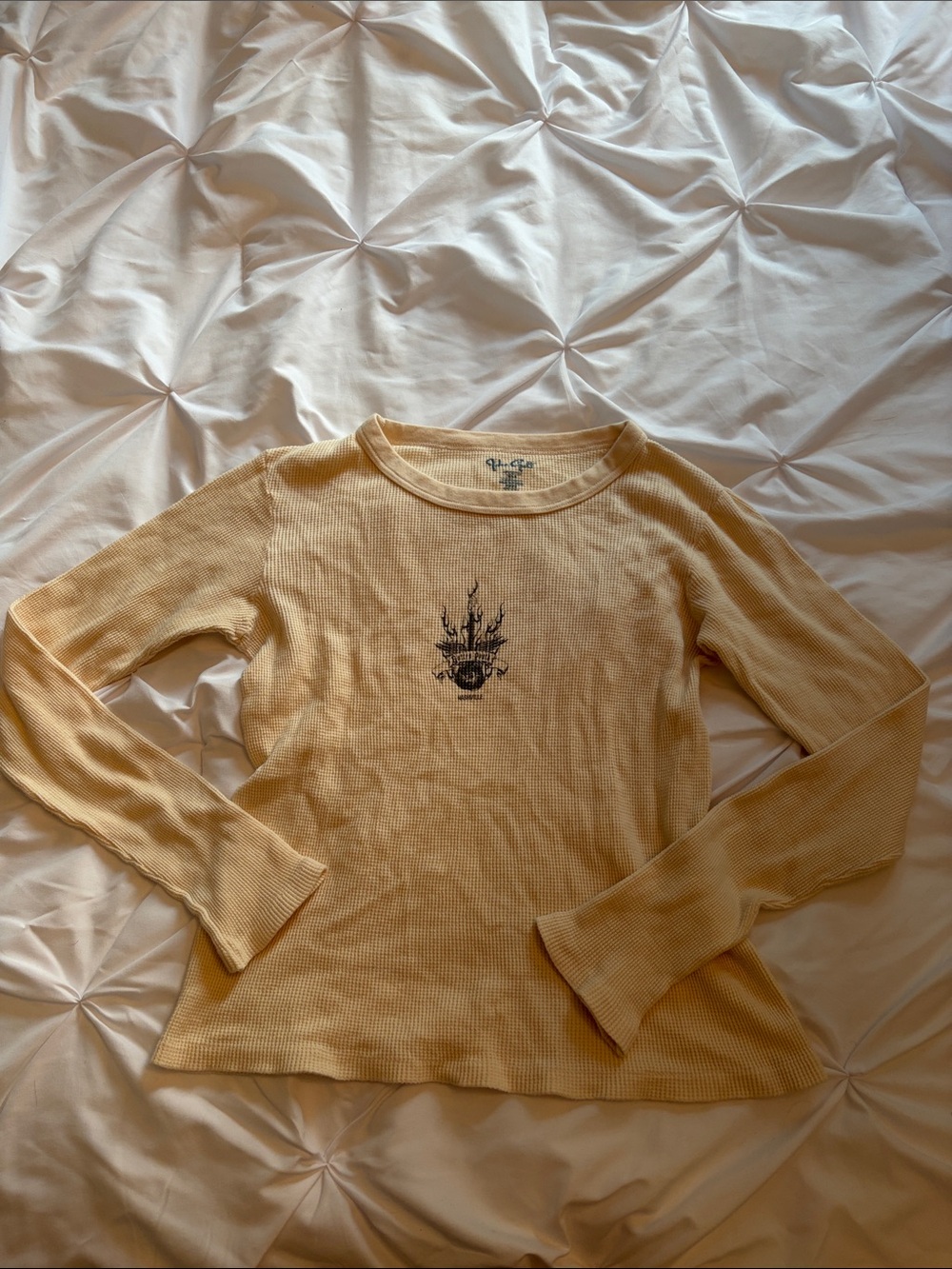 Brandy Melville Cream Waffle Knit Graphic Long Sleeve Top